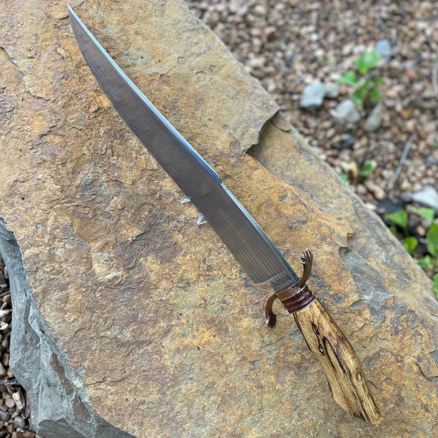 Damascus Bowie w/ Spalted Hackberry