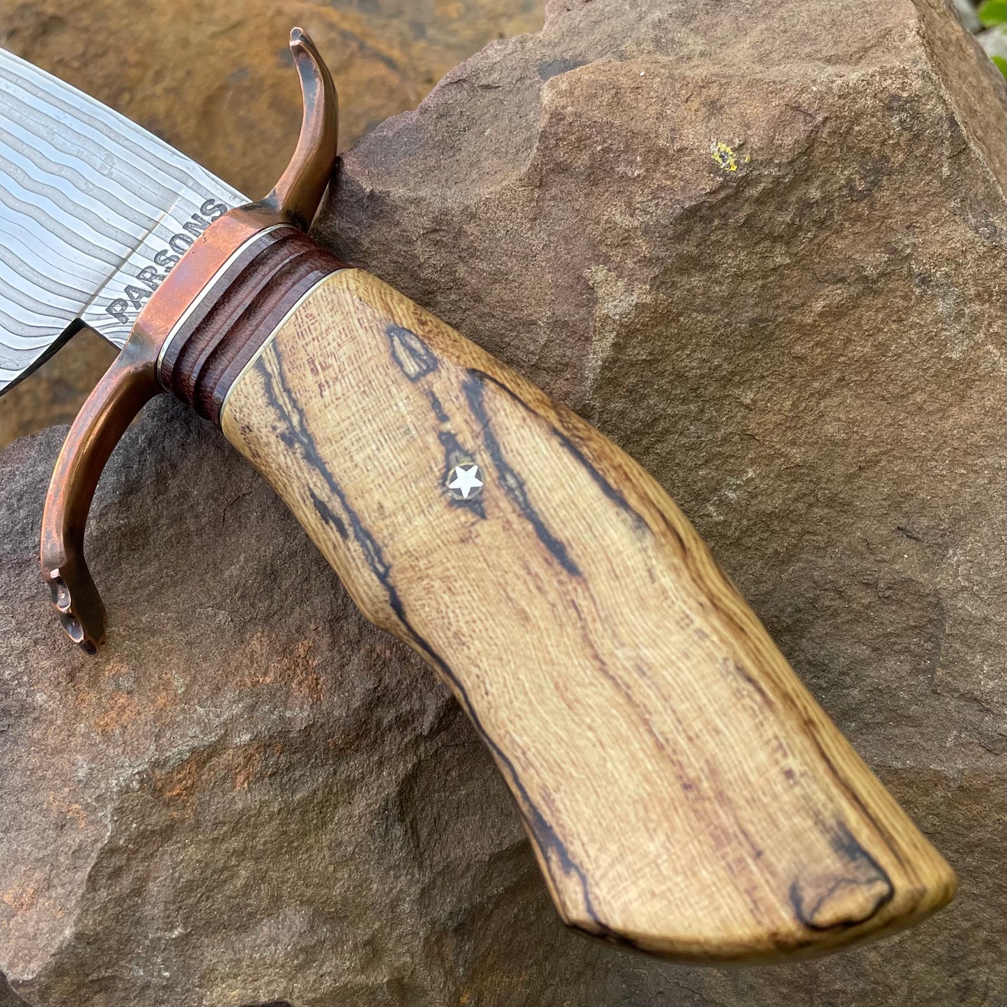 Damascus Bowie w/ Spalted Hackberry