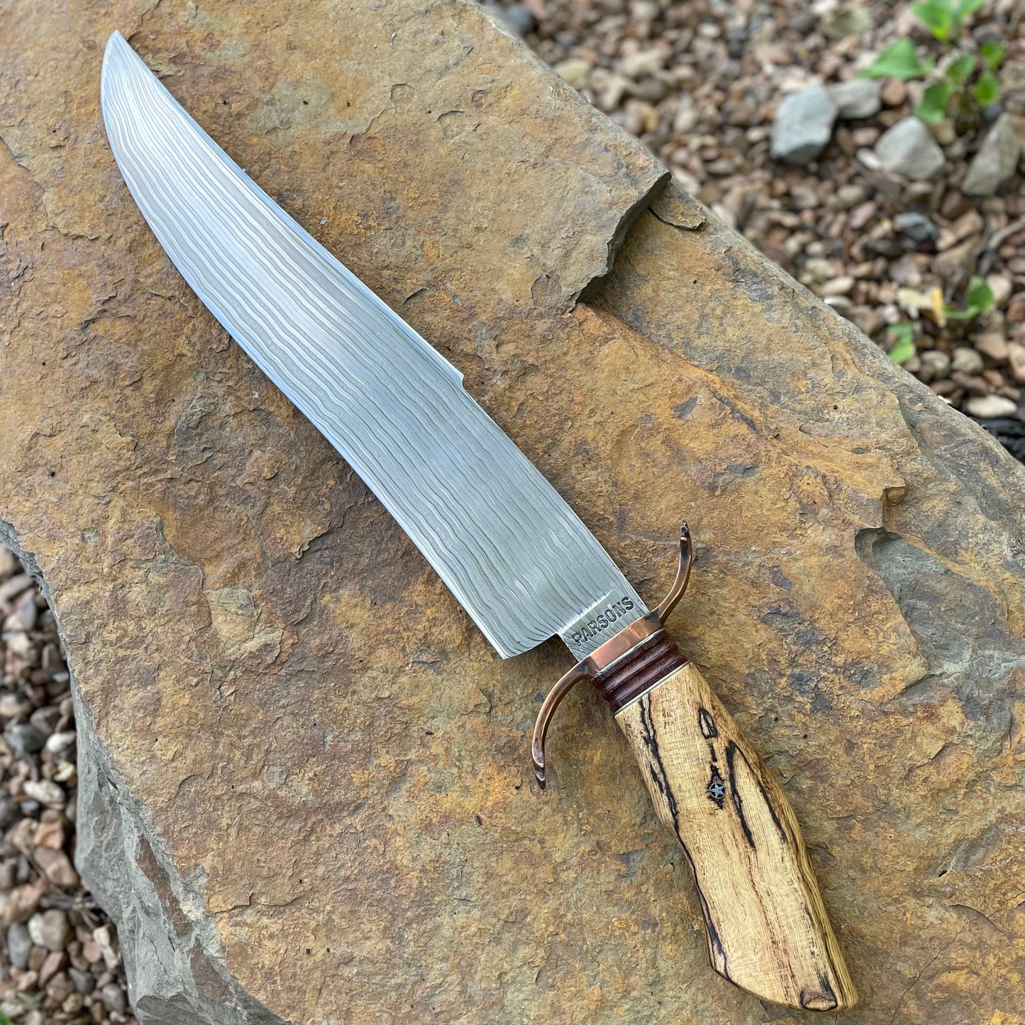 Damascus Bowie w/ Spalted Hackberry